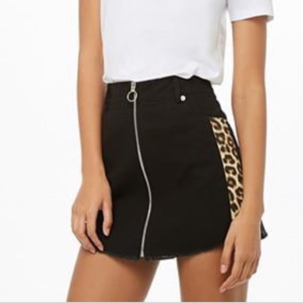 Black and leopard print denim skirt